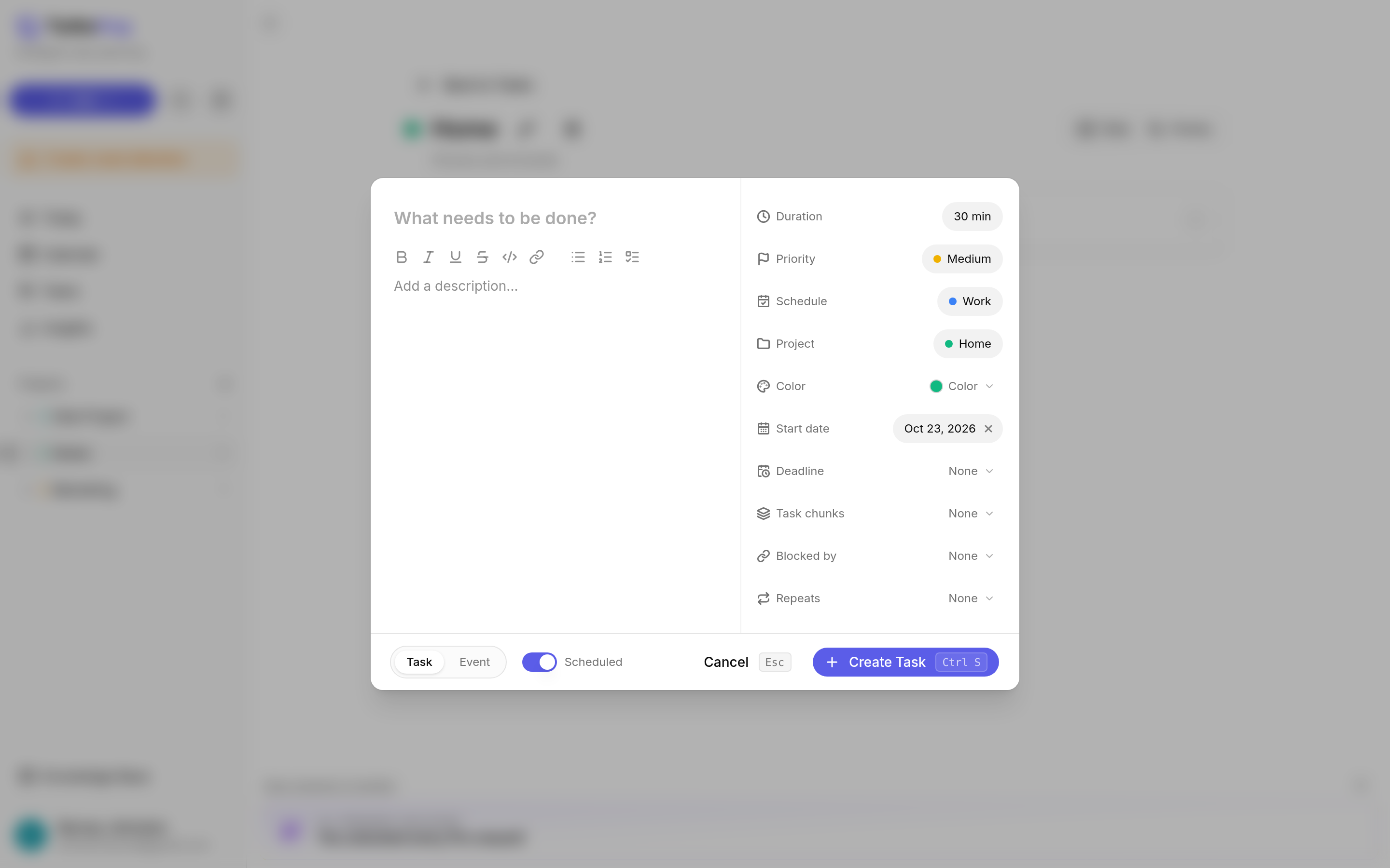 TurboHog task form showing keyboard shortcut hints on the Cancel and Create Task buttons