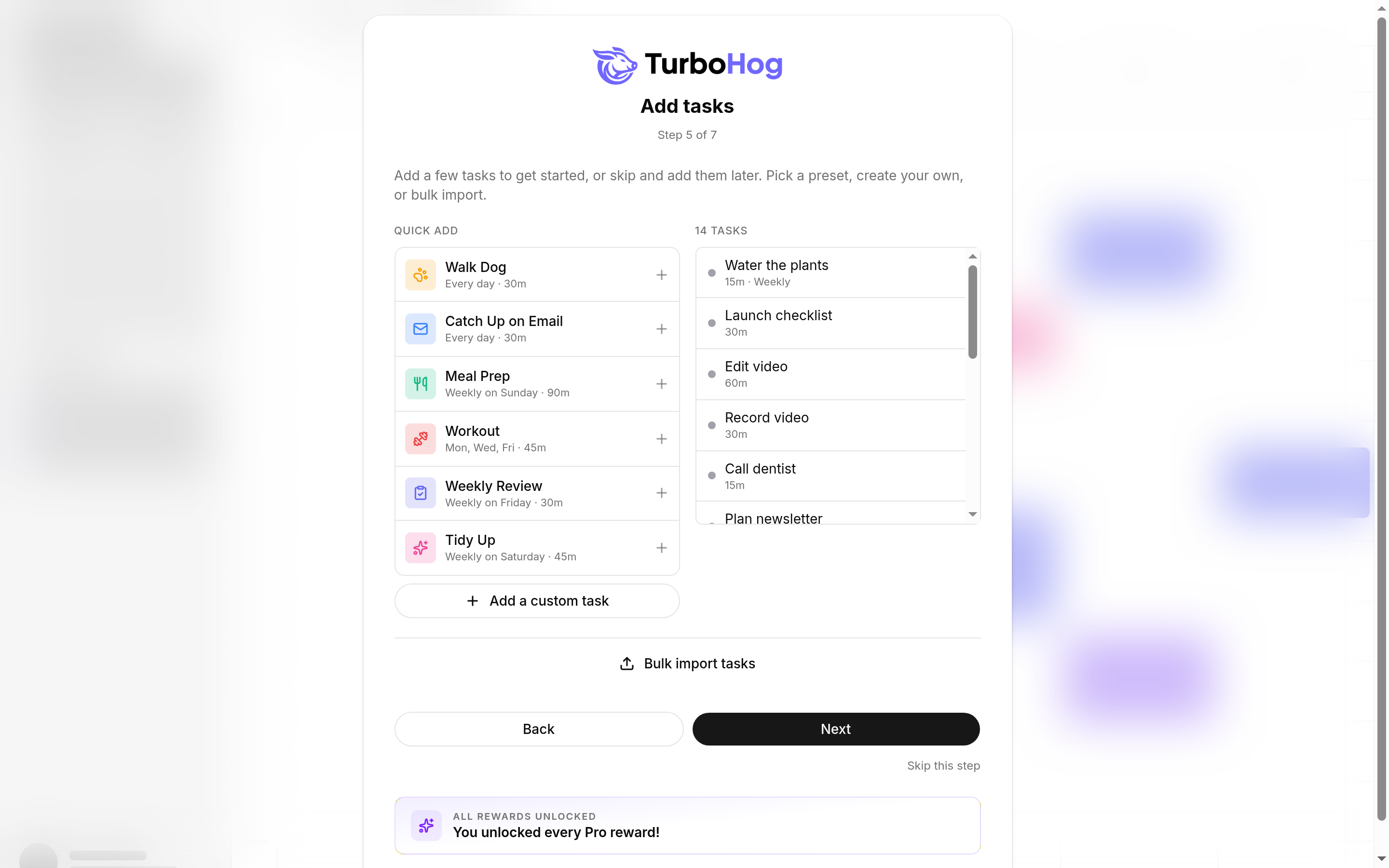 TurboHog onboarding step to add tasks
