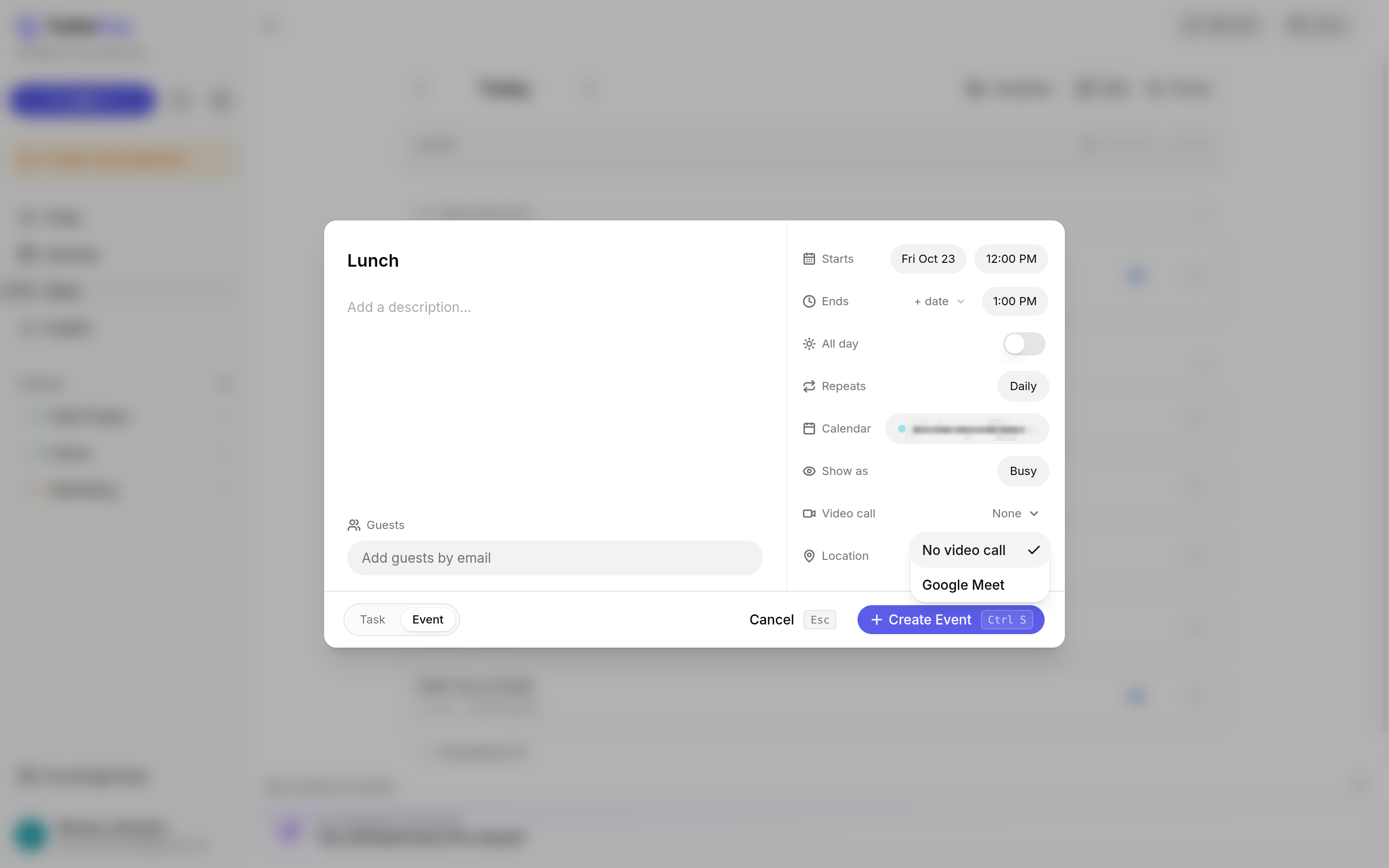 TurboHog event form with the Google Meet video call option