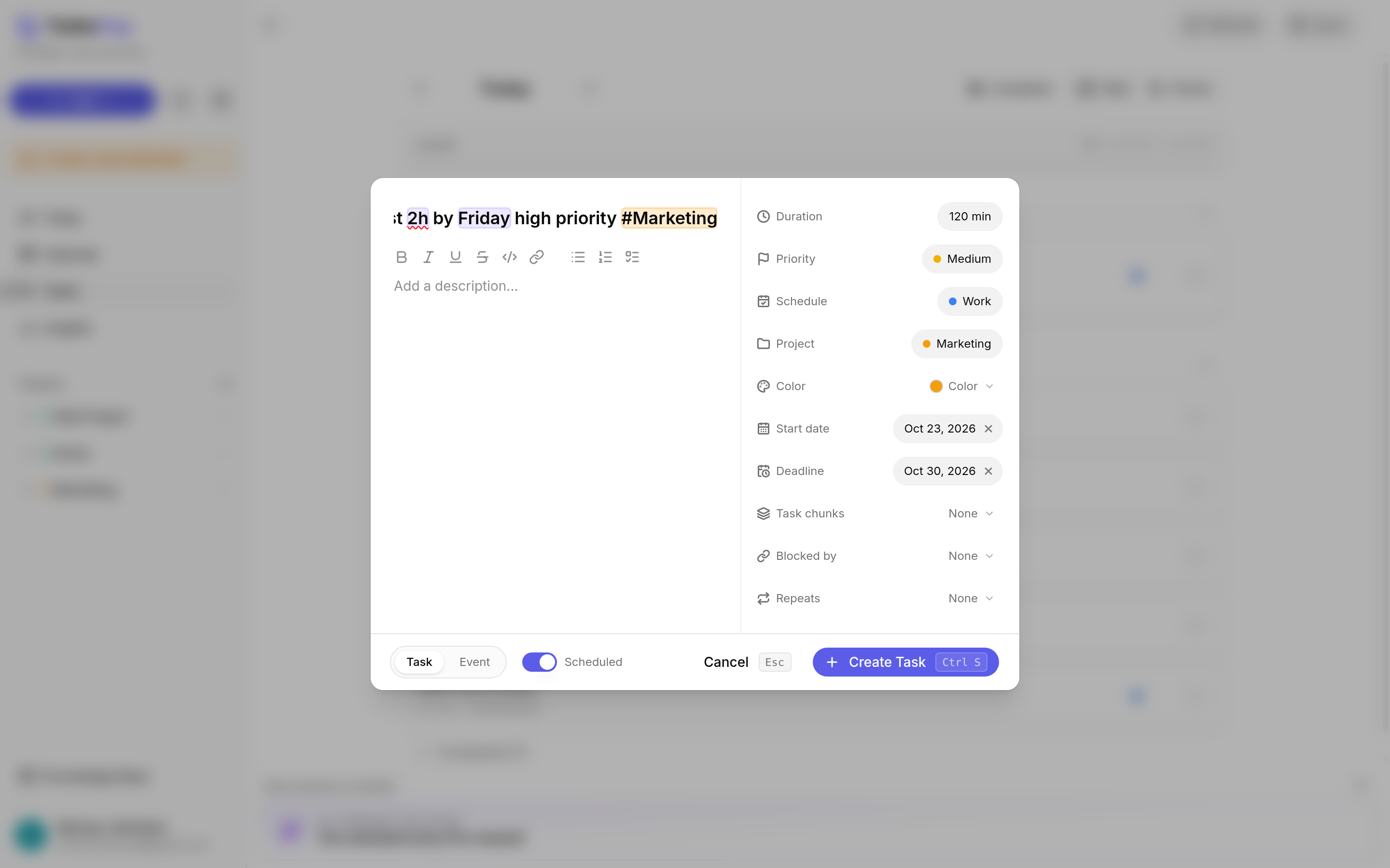 TurboHog natural language detection highlighting details in a task name