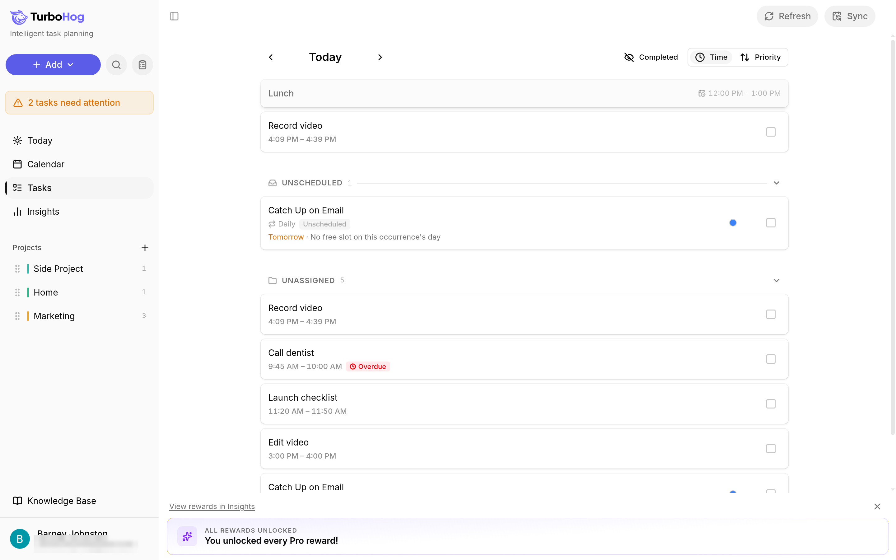 TurboHog sidebar projects with task counts