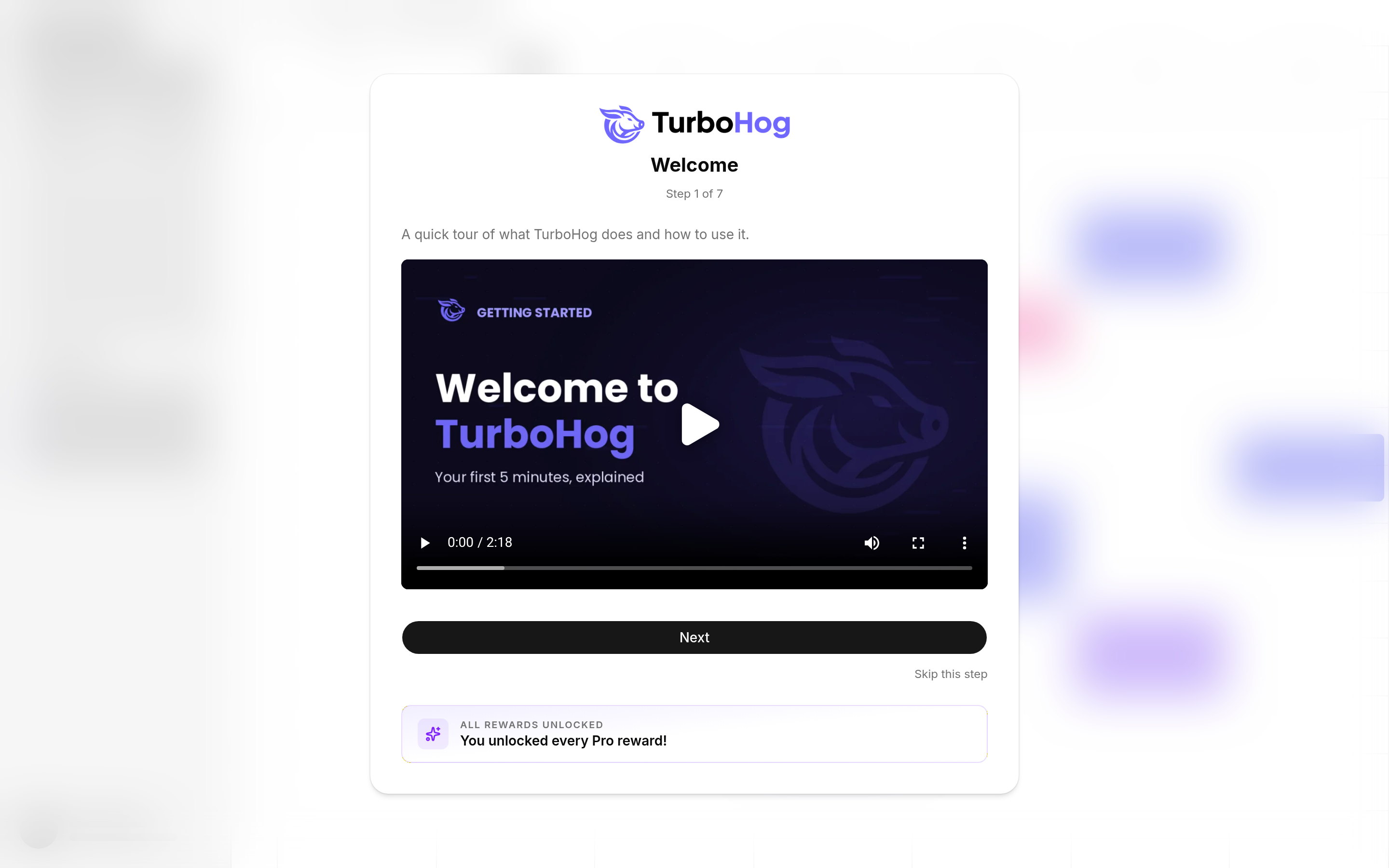 TurboHog onboarding welcome video step