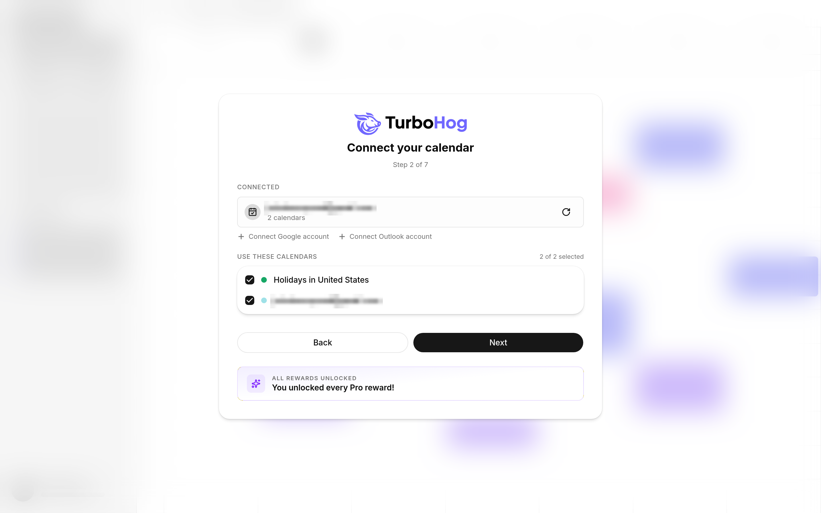 TurboHog onboarding step to connect your calendar