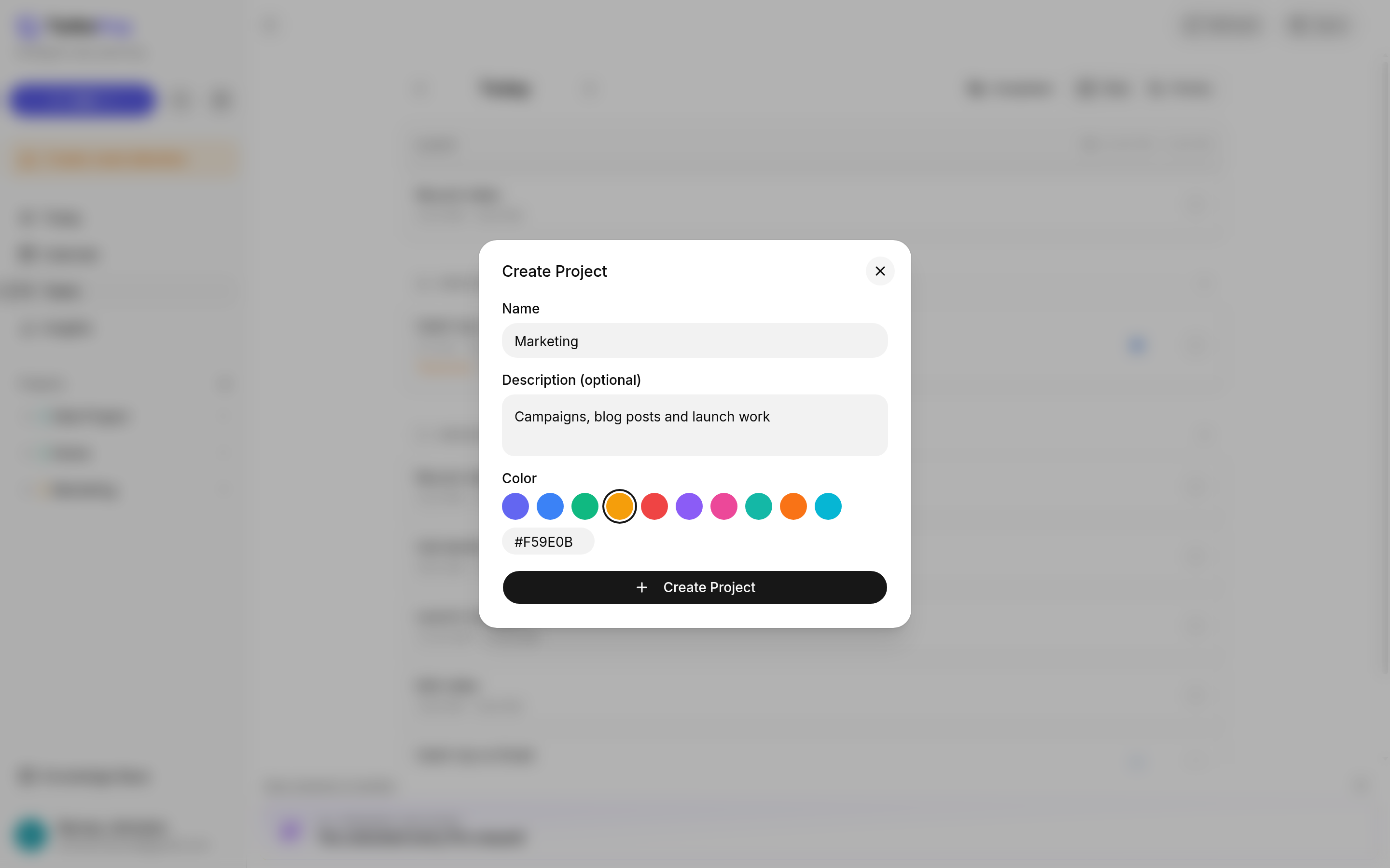TurboHog Create Project window with a name, description, and color