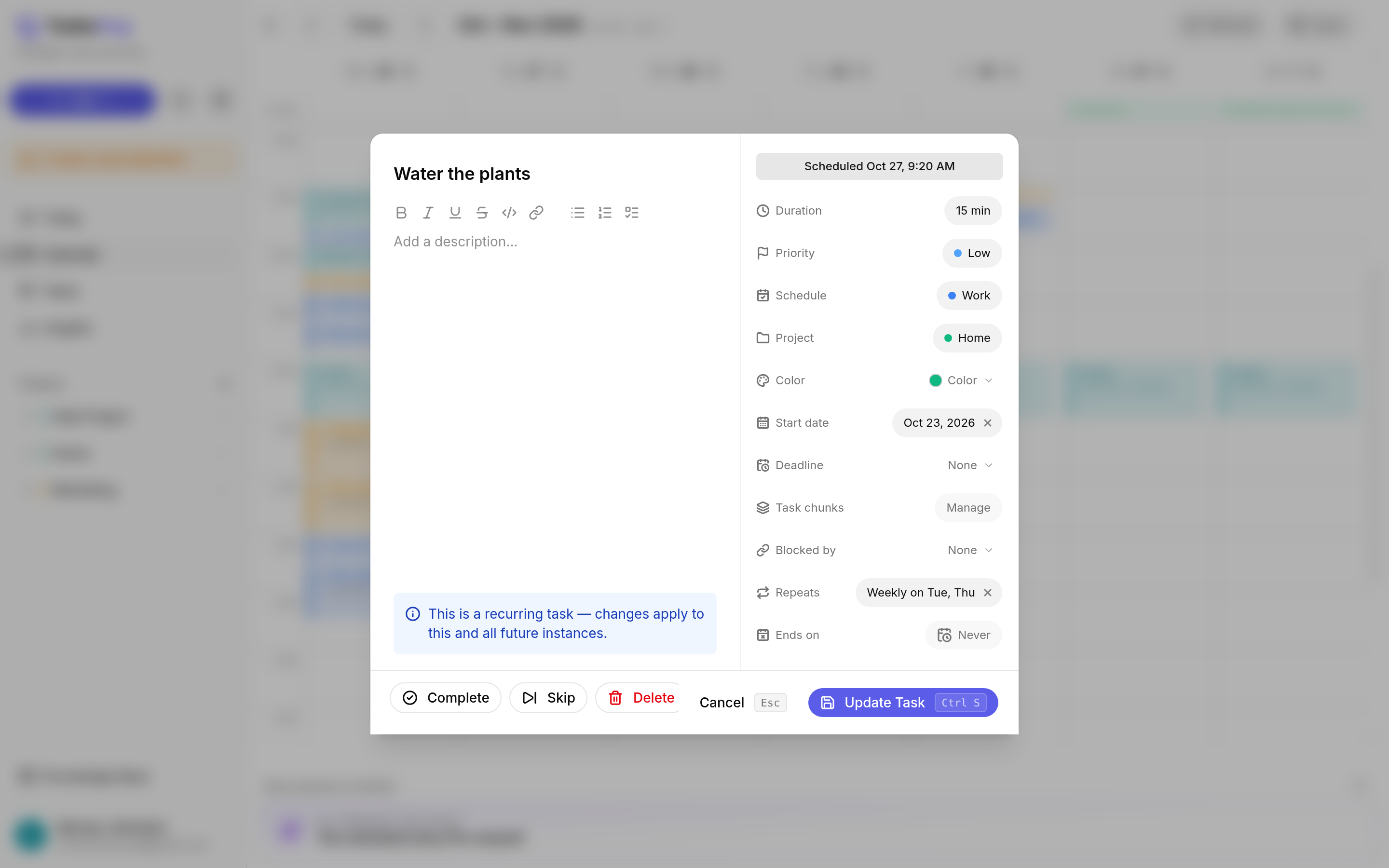 TurboHog recurring task edit window