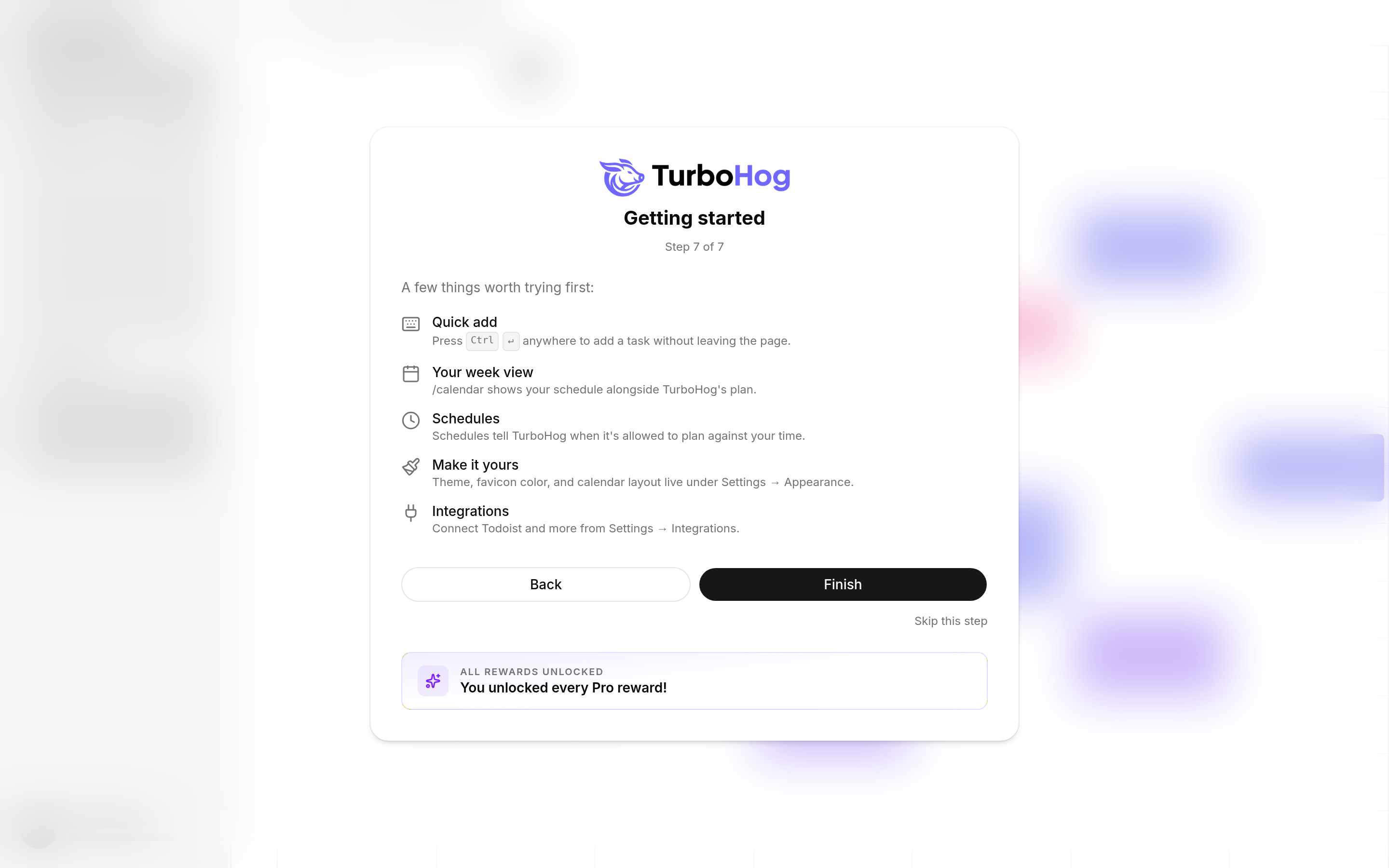 TurboHog onboarding Getting started step