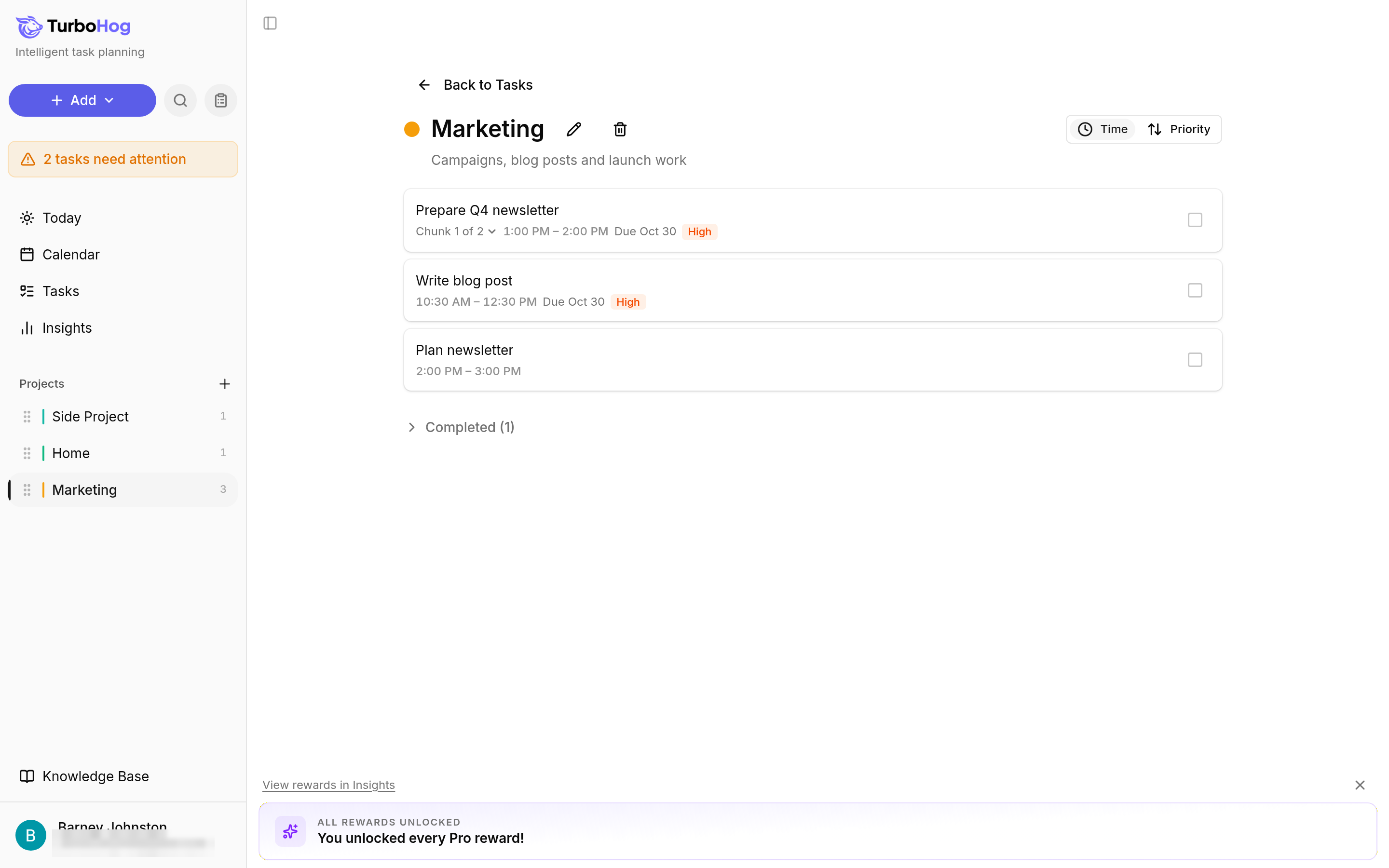 TurboHog project page with tasks
