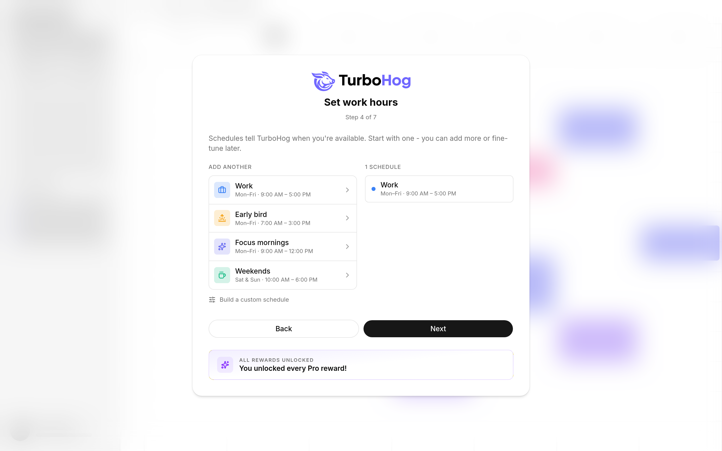 TurboHog onboarding step to set work hours