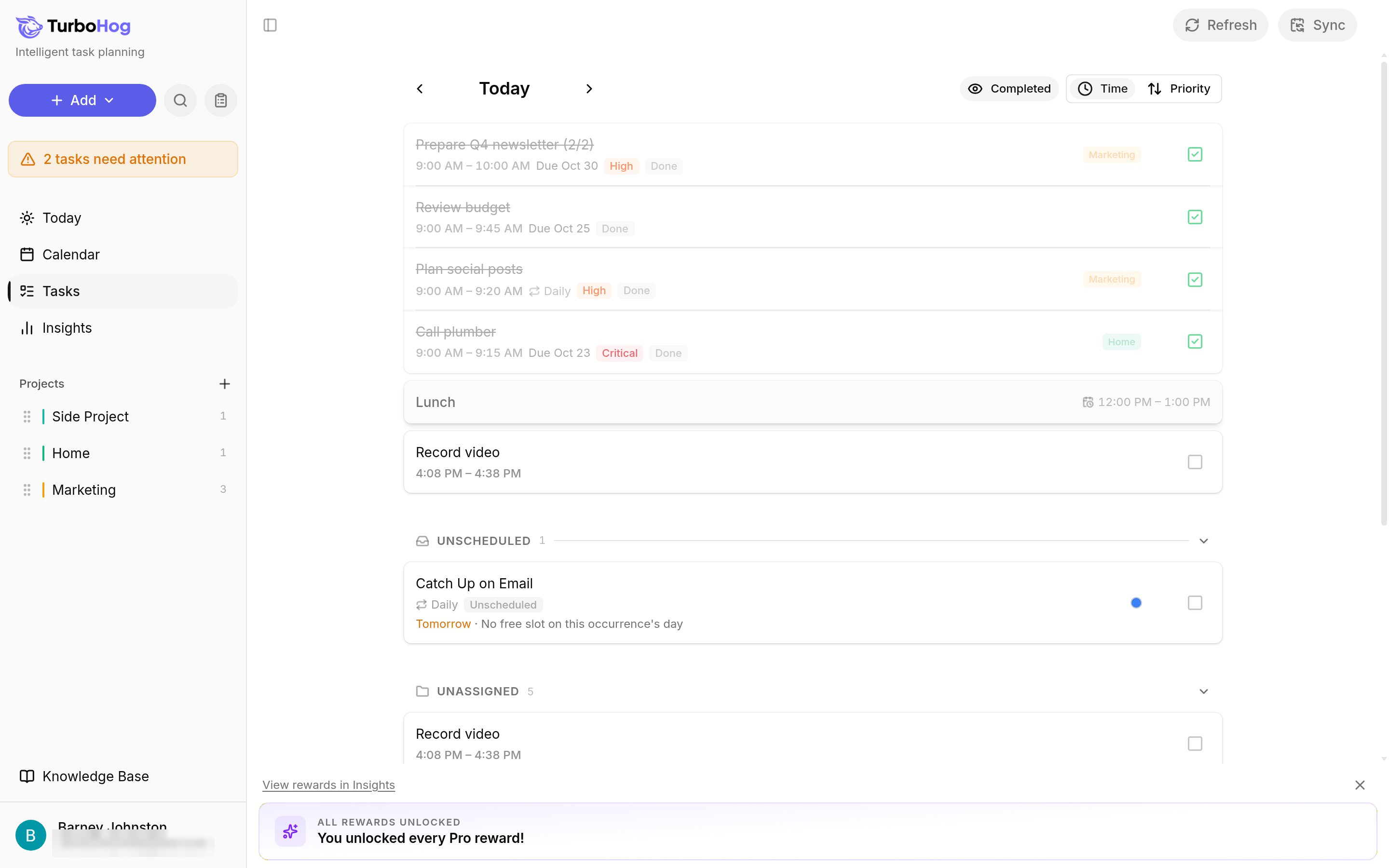 TurboHog completed tasks on the Tasks page