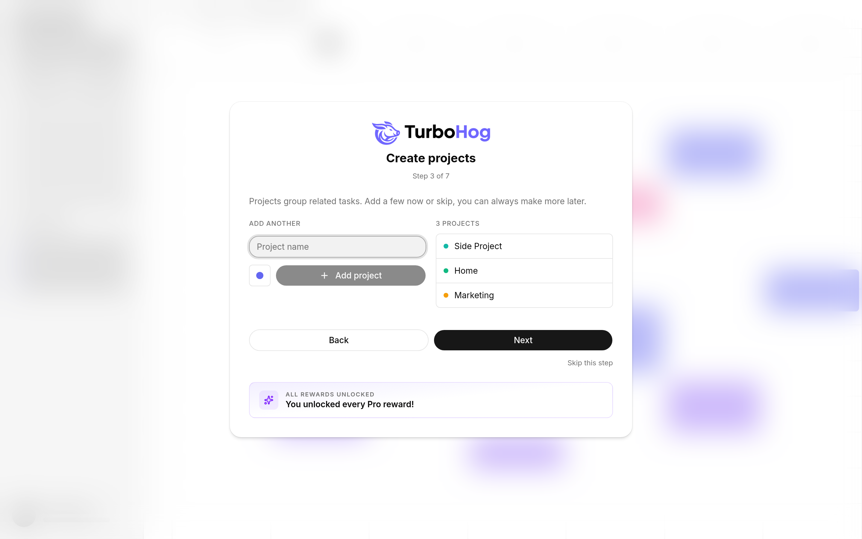 TurboHog onboarding step to create projects