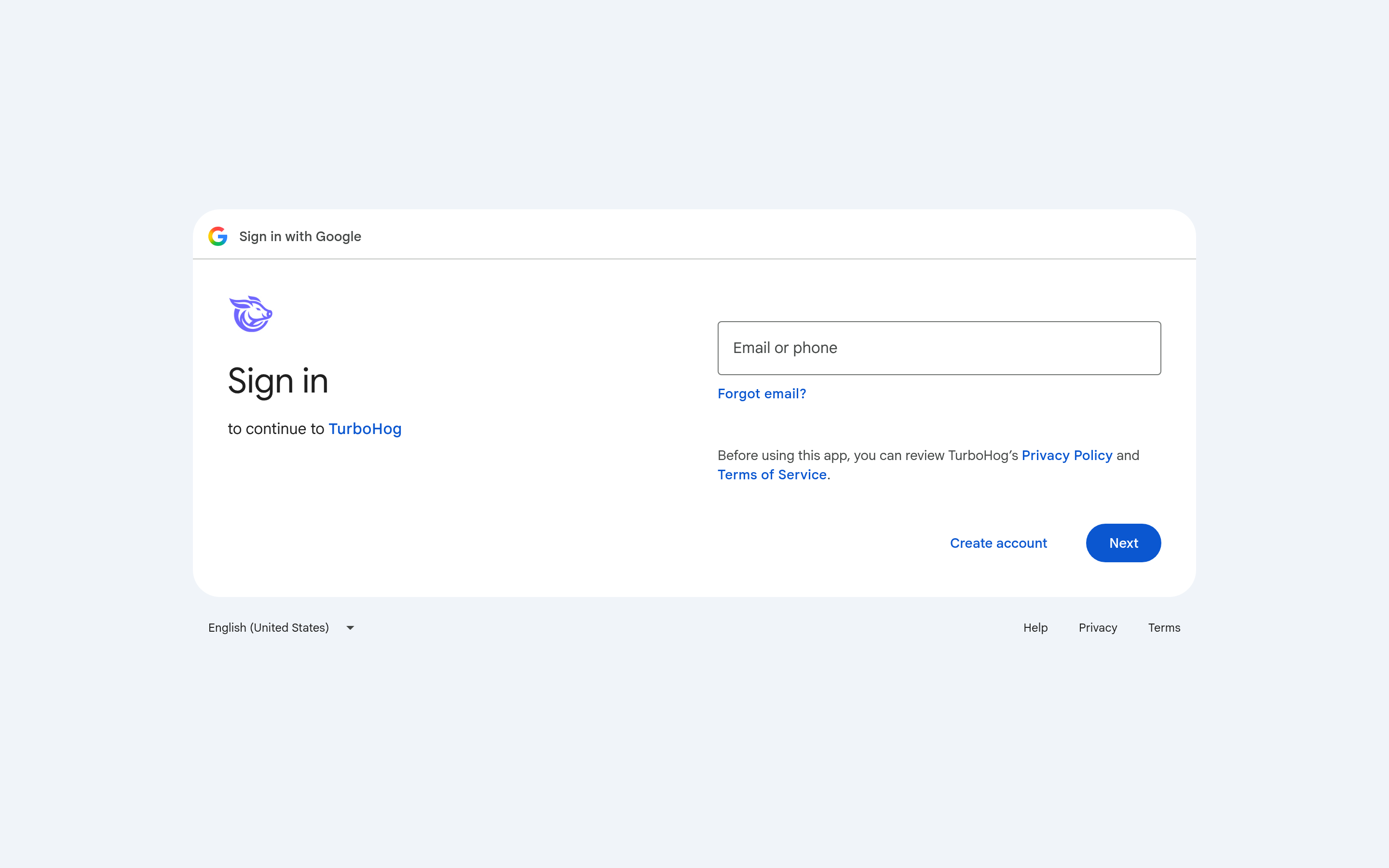 Google sign-in screen for TurboHog